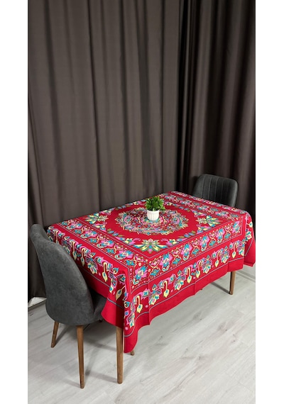 Kolay Temizlenebilir Renkli Cıvıl Cıvıl Desenli Masa Örtüsü 170x170 Cm Pembe&kırmızı
