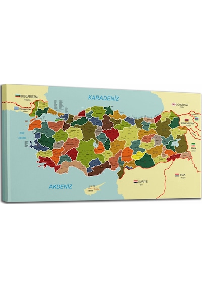 Doğaltercih Türkiye Haritası Kanvas Tablo İl ve İlçeli Ayrıntılı Eğitici-Öğretici Komşulu Dekoratif Tablo 3000