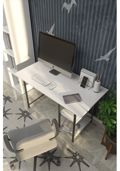 VayAvm 60x120 Metal Ayaklı 2 Raflı Çalışma Ofis Masası Beyaz