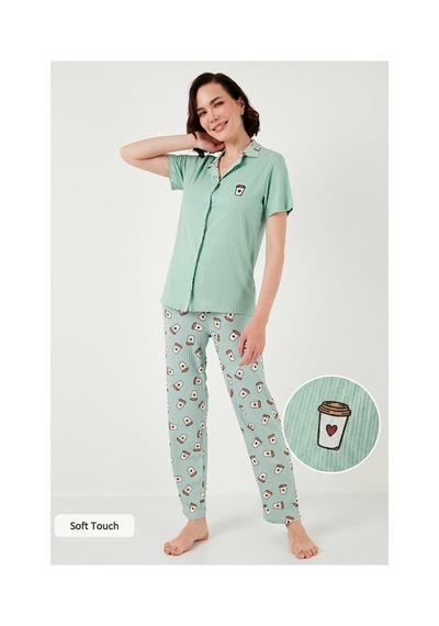 Lela Regular Fit Gömlek Yaka Kısa Kollu Bayan Pijama Takımı 65740102 Mint-Bej