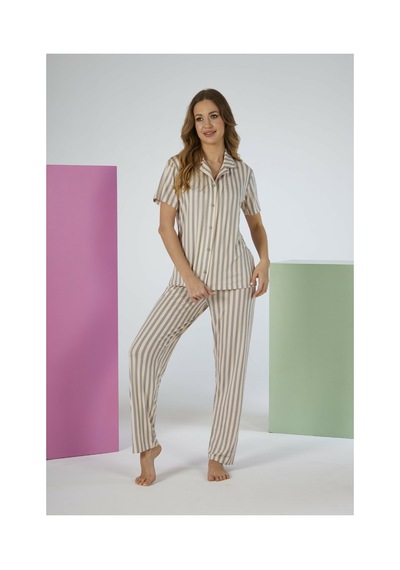 Estiva Kadın Pembe Çizgili Gri Kısa Kollu Önden Düğmeli Soft Pijama Takımı Çok renkli