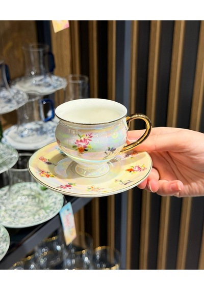 6 Kişilik Sedefli Vintage Çiçek Kahve Fincan Takımı -5696 Çok Renkli