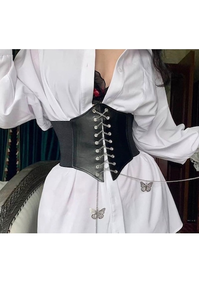 Fashion Moon Gothic Kalın Korse Model Kelebek Uçlu Zincirli Yedi Sıralı Zımbalı Kemer Siyah Fashion Moon Gothic Kalın Korse Model Kelebek Uçlu Zincirli Yedi Sıralı Zımbalı Kemer Siyah