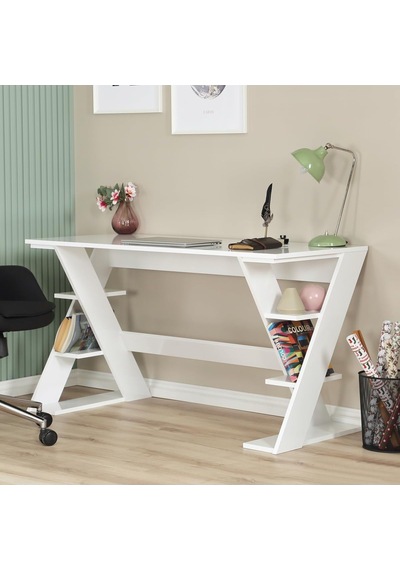 Lungo Raflı Çalışma Masası, Ofis Masası, 60x140 Cm, Parlak Beyaz Çok Renkli
