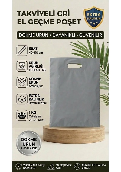 40x50 Gri Takviyeli El Geçme Poşet