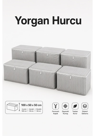 Hurç Seti Fermuarlı Yorgan Battaniye Kıyafet Saklama Hurcu Çizgili Baza Altı Dolap İçi Organizer 6'lı Gri