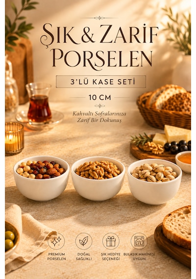 Porsima Snap 3'lü Porselen Çerezlik Ve Kahvaltılık Kase Seti 10 Cm Beyaz Sosluk & İkramlık Kase Cam