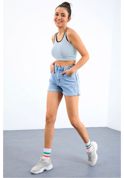 Tommy Life Gök Mavi Basic Sıfır Kol Dar Kalıp U Yaka Kadın Crop Top Atlet - 97162 Mavi