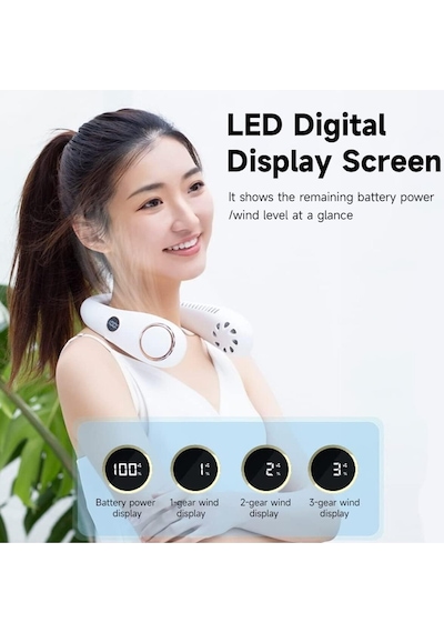 A Plus Yeni Nesil Led Dijital Ekran Bıçaksız Boyun Asma Fanı 3 Dişli Ayarlanabilir 360 Rüzgar Çıkışı