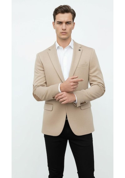 Plus Scorpion Bej Erkek İtalyan Kesim Blazer Ceket Kol Yamali, Slim Fit, Şık Ve Modern Tasarım Bej