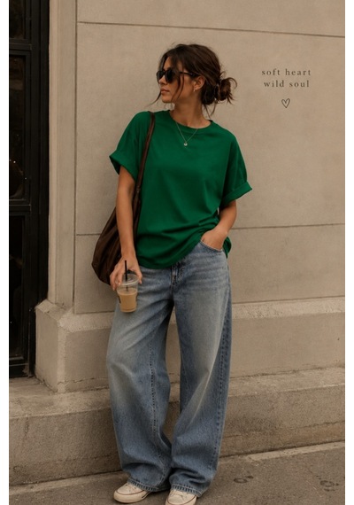 Seeh Nefti Yeşili Kısa Kollu Oversize Basic Kadın T-shirt Sh281