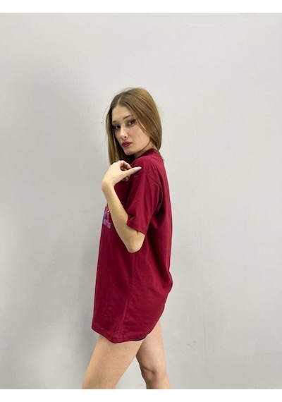 Flood Of Style Kadın Bordo Marvel Baskılı Oversize Bisiklet Yaka Tshirt