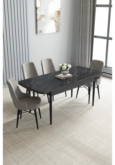 Zümra Serisi, Siyah Mermer Desen 80x132 Açılabilir Mdf Mutfak Masası Takımı 4 Adet Sandalye, Gri Zümra Serisi, Siyah Mermer Desen 80x132 Açılabilir Mdf Mutfak Masası Takımı 4 Adet Sandalye, Gri
