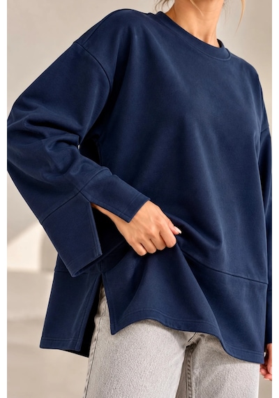 Bb Butik Basic Oversize Yırtmaç Detaylı Bisiklet Yaka Sweatshirt Zg3535 Lacivert