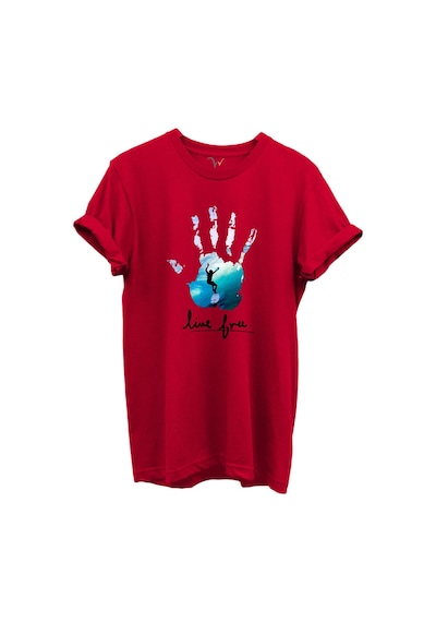 Live Free Yazılı Sörfçü Ve El Baskılı %100 Pamuk Regular Fit Unisex T-shirt Kırmızı