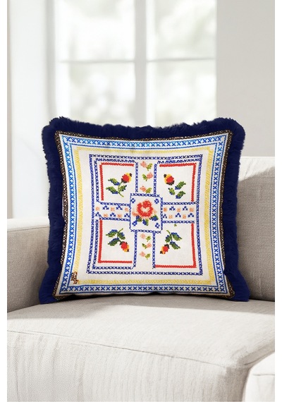 Çiçekli Etnik Motifli Saçaklı Yastık Kılıfı - Otantik Boho Mavi Lacivert Püsküllü Kırlent Kılıfı Sakin Düş Opal