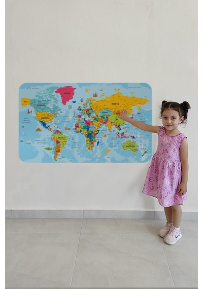 Türkçe Eğitici Ülke Ve Başkent Okyanus Detaylı Atlası Dünya Haritası Duvar Sticker -60x105-3864 - Renkli Çok Renkli