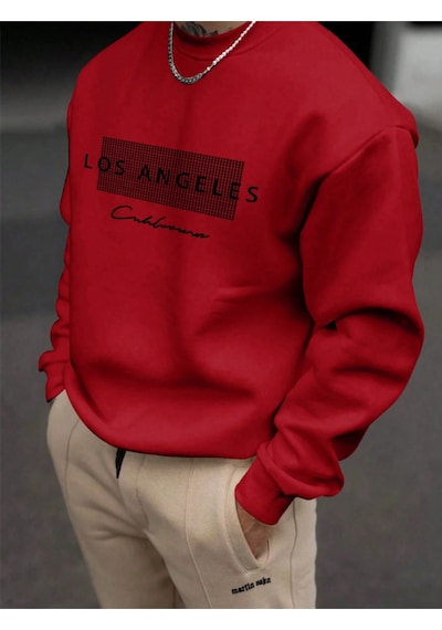 Startmore Kırmızı Unisex Kadın/erkek Detaylı Los Angeles Özel Baskılı Renkli Oversize Bisiklet Yaka Pamuklu