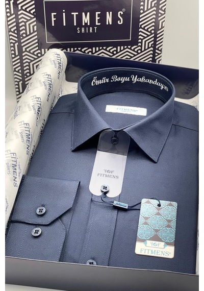 Slim Fit Uzun Kol Ömür Boyu Yakandayım Nakışlı Hediye Kutulu Erkek Gömlek Fs-001376 - Lacivert-1787