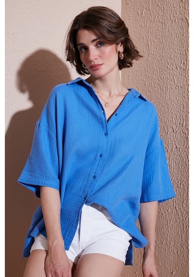 Lela Pamuklu Regular Fit Yırtmaçlı Kısa Kollu Bayan Gömlek Cf25S166965 Saks