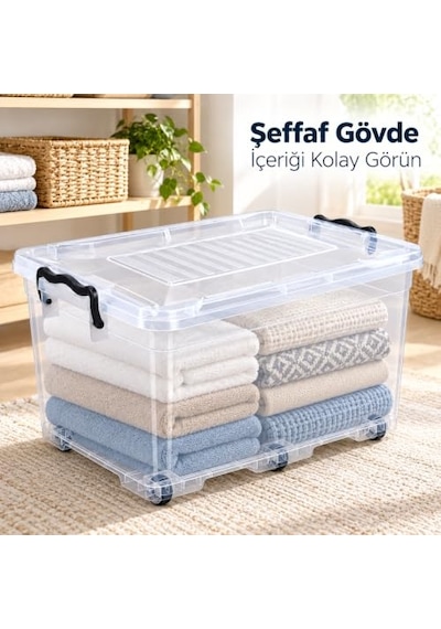 Tekerlekli 50 Litre Şeffaf Saklama Ve Düzenleme Kutusu,