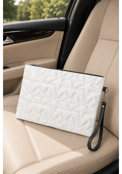 Adelina Bags Yıldız Nakış İşlemeli Portföy El Çantası Bilek Askılı Saten Astarlı Beyaz Clutch Çanta