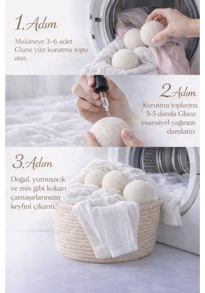 Glanz 3 Adet Yün Keçe Çamaşır Kurutma Topu 7 - 8 Cm + 30ml Esans Koku Hediye - Doğal Ürün Açık Bej