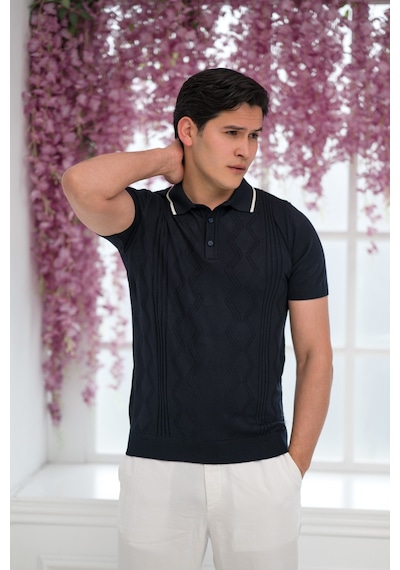 Advante Slimfit Kolları Lastikli Likralı Desenli Polo Yaka Triko T-shirt Lacivert