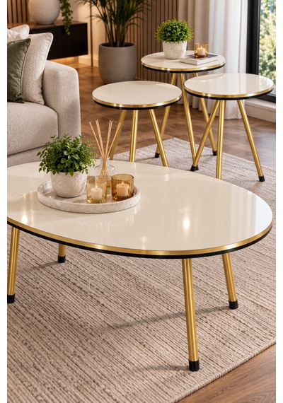 Sulorahome Gold Metal Ayaklı 4'lü Sehpa Seti Krem Altın - Krem