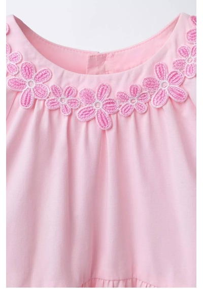 Miniko Kids Kız Çocuk Yaka Çiçek İşlemelei Pamuk Elbise Pembe