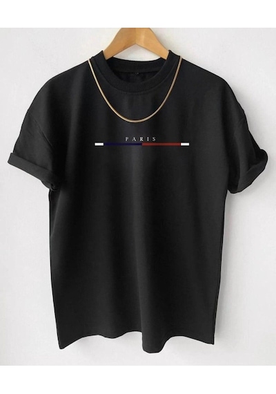 Hırsch Unisex Siyah Bisiklet Yaka Çizgili Paris Baskılı T-shirt SIYAH