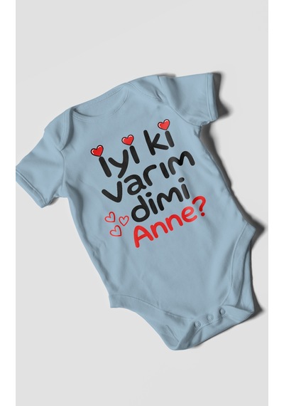 Morivokids İyi Ki Varım Dimi Anne Kısa Kollu Bebek Body %100 Pamuk Bebe Mavisi
