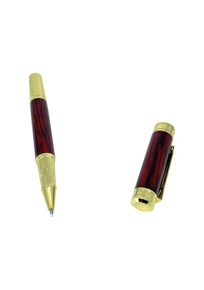 Özel Kutulu Lüks Metal Roller & Tükenmez Kalem - Bordo Ahşap Desenli Altın Detaylı Hediyelik Kalem