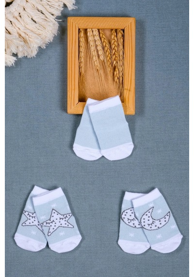 Cocole Socks Erkek Bebek Soket Çorabı 3 Lü Set Pamuklu Açık Mavi Ay & Yıldız Desenli Çok Renkli