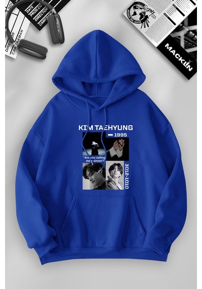 Macklin Unisex Kadın Erkek Kim Taehyung Bts Özel Tasarım Baskılı Kapşonlu Sweatshirt Mavi Mck1048 Mavi