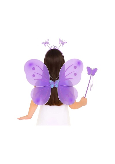 Lila Mor Kelebek Kız Seti - 50 Cm Kelebek Kanadı, Taç Ve Asa +3
