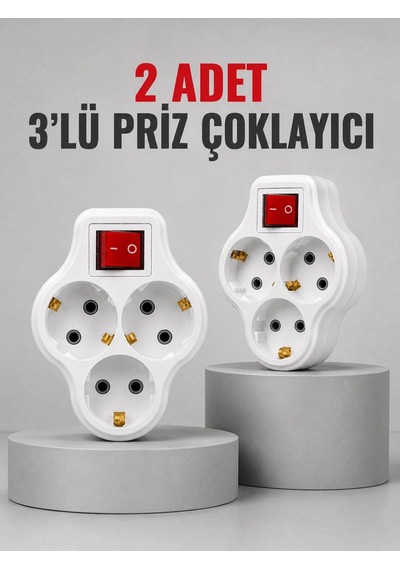 Direkt Duvar Prizine Takılan 3 Lü Priz Adaptörü Anahtarlı Priz Çoklayıcı 2 Adet Standart