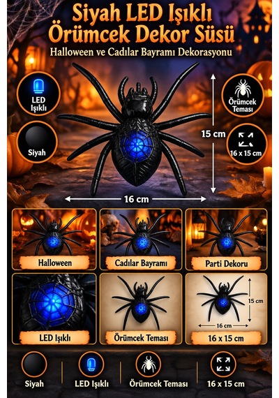 Siyah Led Işıklı Örümcek Dekor Süsü Halloween Cadılar Bayramı Parti Süsleme Aksesuarı 16x15 Cm Diğer
