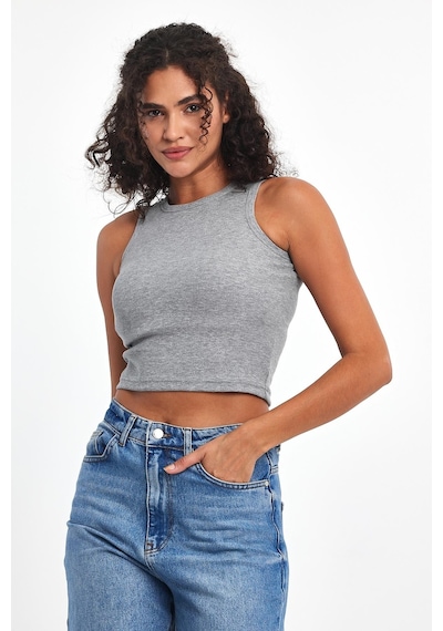 Comeor Kadın Gri Fitilli Görünümlü Askılı Kalın Esnek Örme Basic Crop Atlet Bluz Cmrb93
