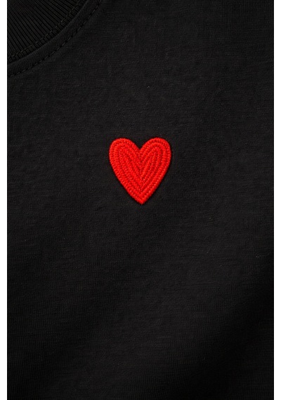 Mixray 2056 Kadın %100 Pamuk Kalp Nakışlı Bisiklet Yaka T-shirt Siyah Siyah