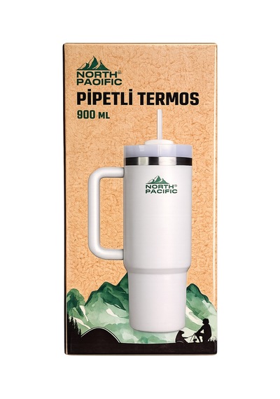 North Pacific 900 Ml Pipetli Termos Bardak Beyaz Paslanmaz Çelik Çift Katmanlı Vakumlu Seyahat Kupası Beyaz