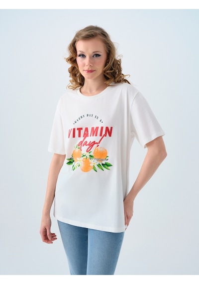 Oversize Kadın Tshirt K.kol Ekru