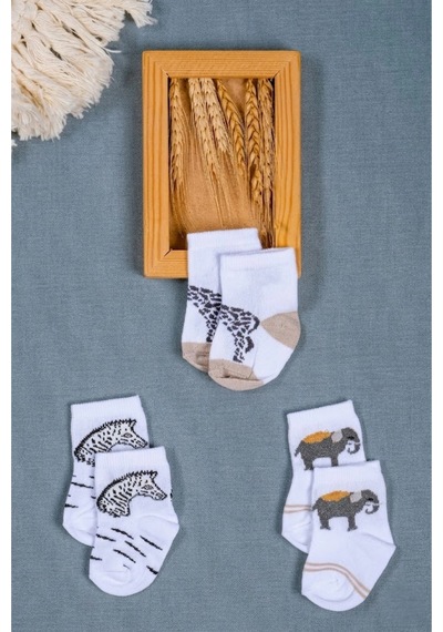 Cocole Socks Erkek Çocuk Soket Çorabı 3 Lü Set Pamuklu Safari & Hayvan Figürü Desenli Çok Renkli