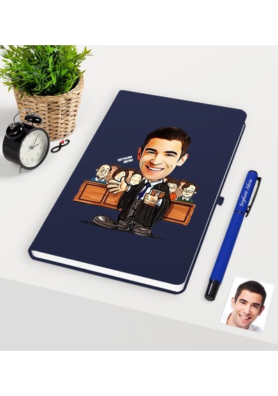 Kişiye Özel Bay Avukat Karikatürlü Lacivert Defter Kalem Seti - 2