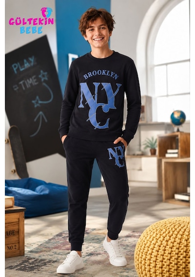 Tarık İnterlok Kumaş Nyc Baskılı Erkek Pijama Takımı 11-16 Yaş -ta4403470 - Siyah