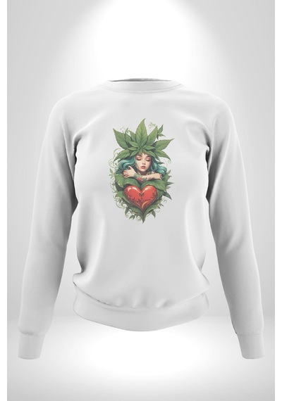 Kalp Parmak Kız Yeşillik Mutluluk Unisex Beyaz Baskılı Sweatshirt Beyaz