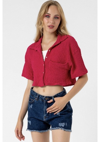 Bbbutikbasic Bürümcük Cepli Crop Gömlek Fuşya
