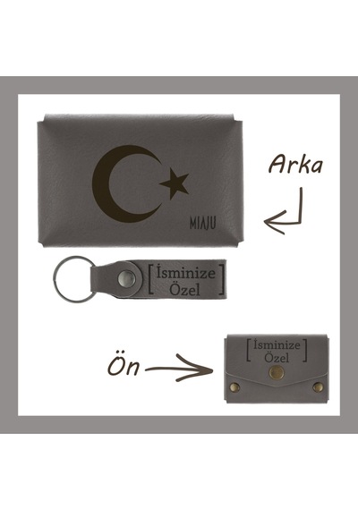 Miaju Kül Gri, Ayyıldız Motifli, İsme Özel Cüzdan Ve Anahtarlık Set, Değer Verdiğine Çok Güzel Hatıra Kül Gri