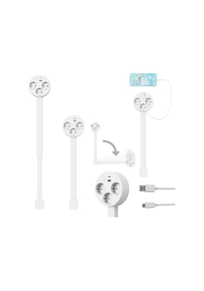 Genişletilebilir Dönen Priz, 3 Ac Çıkışlı Ve Usb Portlu