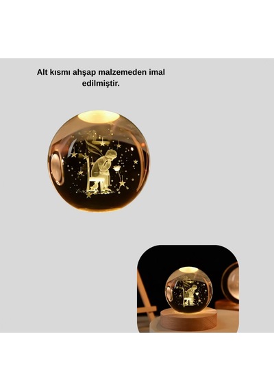 Küçük Prens Cam Küre 8 Cm Usb Işıklı Ahşap Tabanlı Dekor